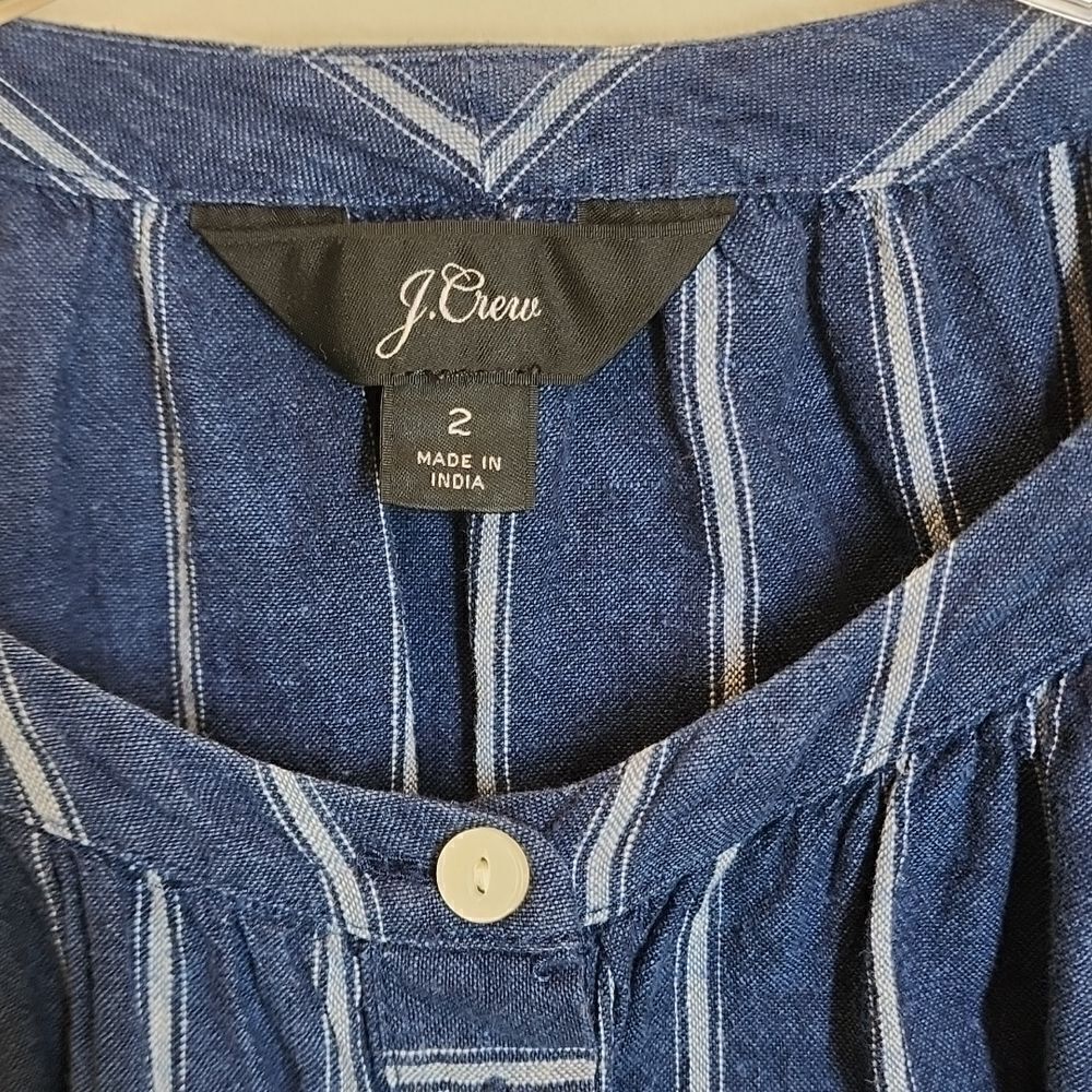 JCREW Linen Blend Denim Top Full Button Front Cinching Waist Contrasting Stripes - Picture 3 of 15